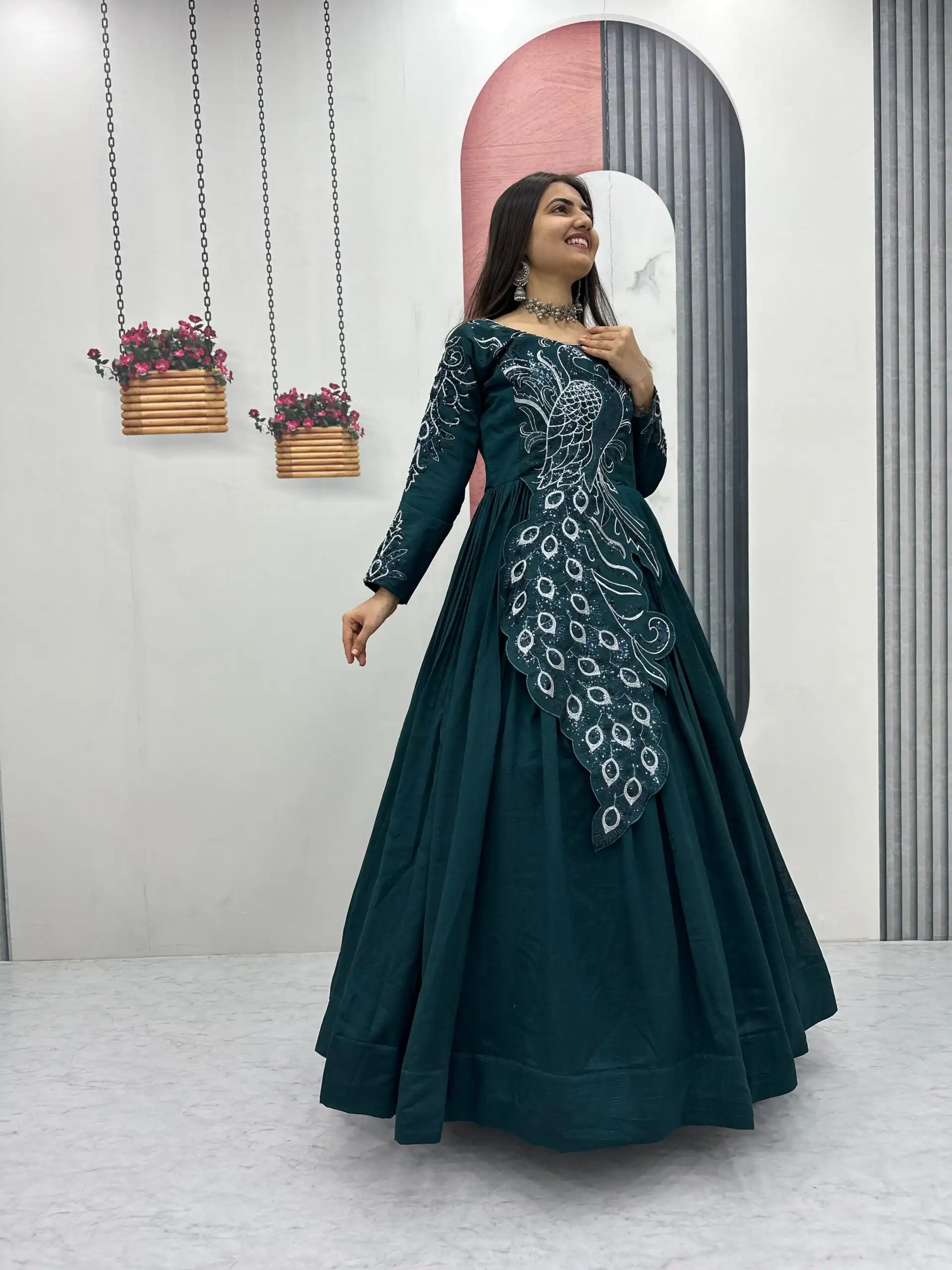PC 564 Teal Vichitra Silk Gown Perfect for Wedding, Party, Holi, Anniversary, Mehendi –. Grab it for ₹2049. Delivery 4-6 Working Days. Shop now. | Bollywood Gowns, Creative Gowns, Designer Gowns, Embroidered Gowns, Gowns, Party Wear Gowns