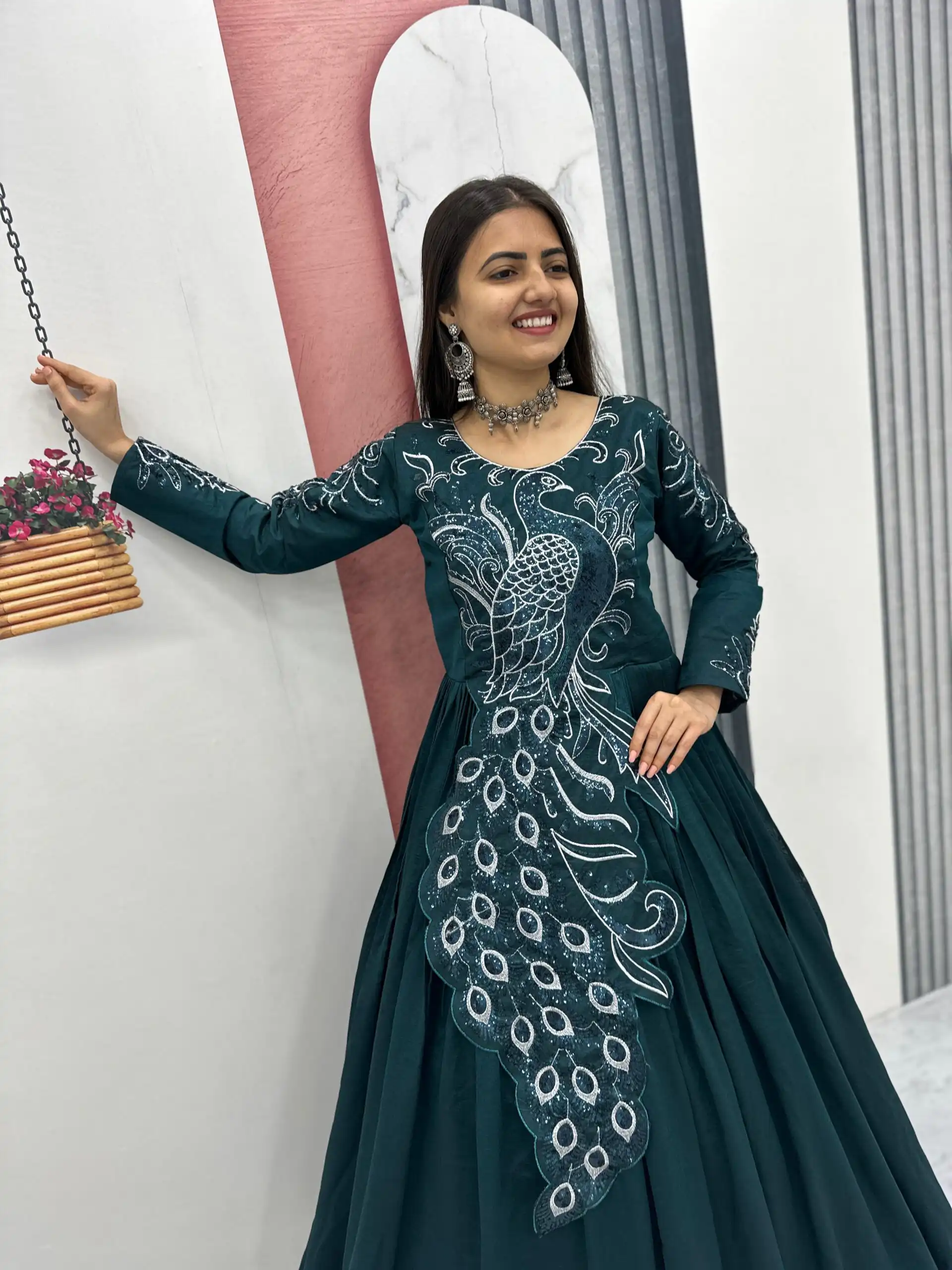 PC 564 Teal Vichitra Silk Gown Perfect for Wedding, Party, Holi, Anniversary, Mehendi –. Grab it for ₹2049. Delivery 4-6 Working Days. Shop now. | Bollywood Gowns, Creative Gowns, Designer Gowns, Embroidered Gowns, Gowns, Party Wear Gowns