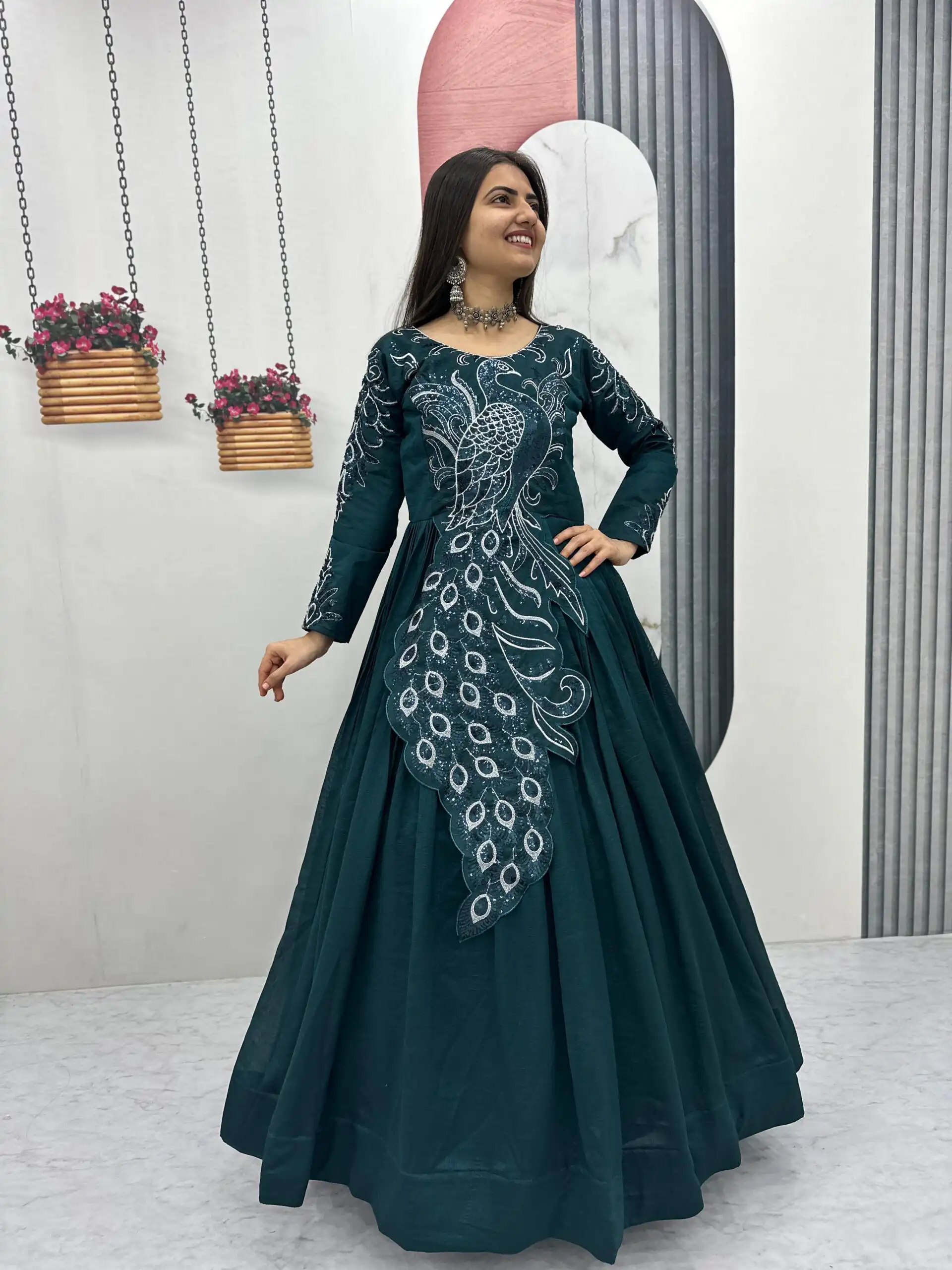 PC 564 Teal Vichitra Silk Gown Perfect for Wedding, Party, Holi, Anniversary, Mehendi –. Grab it for ₹2049. Delivery 4-6 Working Days. Shop now. | Bollywood Gowns, Creative Gowns, Designer Gowns, Embroidered Gowns, Gowns, Party Wear Gowns