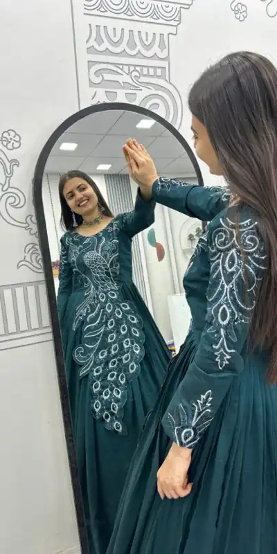 PC 564 Teal Vichitra Silk Gown Perfect for Wedding, Party, Holi, Anniversary, Mehendi –. Grab it for ₹2049. Delivery 4-6 Working Days. Shop now. | Bollywood Gowns, Creative Gowns, Designer Gowns, Embroidered Gowns, Gowns, Party Wear Gowns