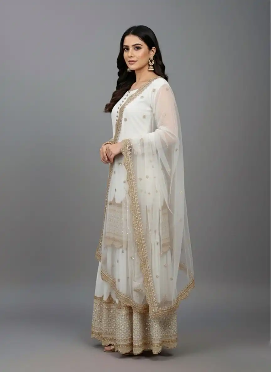 ZF 250 White Color Faux Georgette Embroidery Sequence Work Sharara Suit Wedding, Party, Festive, Events Etc. Expected Delivery 4-6 Working Days @2099/- | Jump Suits, Straight Suits, Casual Suits, Creative suits, Designer Suits, Palazzo Suits, Party Wear Suits, Patiala Suits, Salwar suit