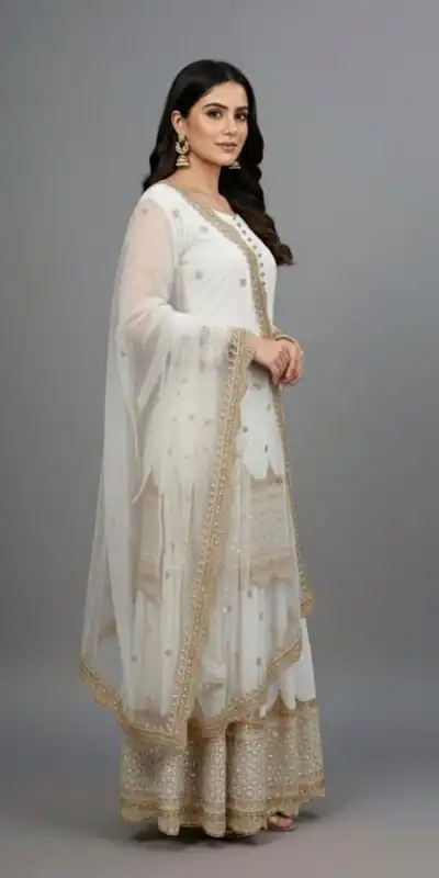 ZF 250 White Color Faux Georgette Embroidery Sequence Work Sharara Suit Wedding, Party, Festive, Events Etc. Expected Delivery 4-6 Working Days @2099/- | Jump Suits, Straight Suits, Casual Suits, Creative suits, Designer Suits, Palazzo Suits, Party Wear Suits, Patiala Suits, Salwar suit