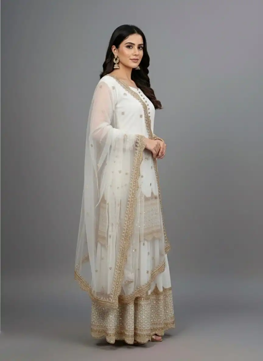 ZF 250 White Color Faux Georgette Embroidery Sequence Work Sharara Suit Wedding, Party, Festive, Events Etc. Expected Delivery 4-6 Working Days @2099/- | Jump Suits, Straight Suits, Casual Suits, Creative suits, Designer Suits, Palazzo Suits, Party Wear Suits, Patiala Suits, Salwar suit