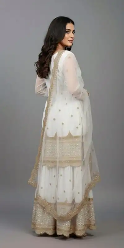 ZF 250 White Color Faux Georgette Embroidery Sequence Work Sharara Suit Wedding, Party, Festive, Events Etc. Expected Delivery 4-6 Working Days @2099/- | Jump Suits, Straight Suits, Casual Suits, Creative suits, Designer Suits, Palazzo Suits, Party Wear Suits, Patiala Suits, Salwar suit