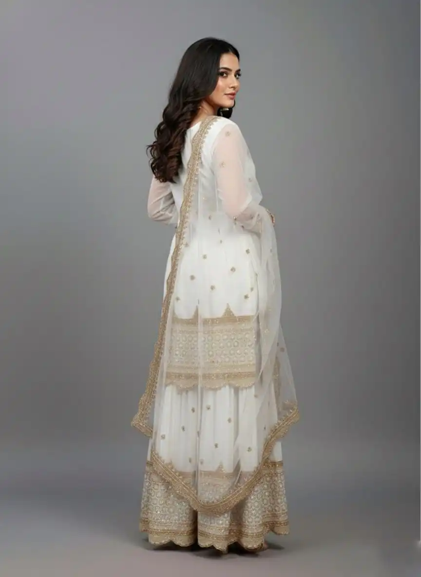 ZF 250 White Color Faux Georgette Embroidery Sequence Work Sharara Suit Wedding, Party, Festive, Events Etc. Expected Delivery 4-6 Working Days @2099/- | Jump Suits, Straight Suits, Casual Suits, Creative suits, Designer Suits, Palazzo Suits, Party Wear Suits, Patiala Suits, Salwar suit