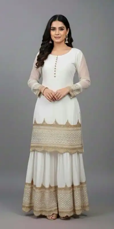 ZF 250 White Color Faux Georgette Embroidery Sequence Work Sharara Suit Wedding, Party, Festive, Events Etc. Expected Delivery 4-6 Working Days @2099/- | Jump Suits, Straight Suits, Casual Suits, Creative suits, Designer Suits, Palazzo Suits, Party Wear Suits, Patiala Suits, Salwar suit