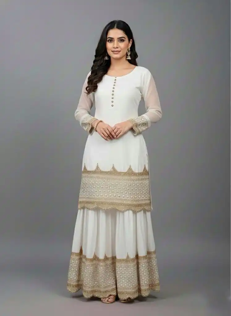 ZF 250 White Color Faux Georgette Embroidery Sequence Work Sharara Suit Wedding, Party, Festive, Events Etc. Expected Delivery 4-6 Working Days @2099/- | Jump Suits, Straight Suits, Casual Suits, Creative suits, Designer Suits, Palazzo Suits, Party Wear Suits, Patiala Suits, Salwar suit