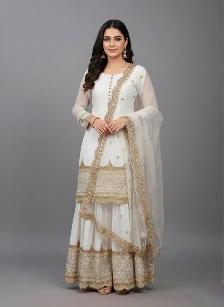 ZF 250 White Color Faux Georgette Embroidery Sequence Work Sharara Suit Wedding, Party, Festive, Events Etc. Expected Delivery 4-6 Working Days @2099/- | Jump Suits, Straight Suits, Casual Suits, Creative suits, Designer Suits, Palazzo Suits, Party Wear Suits, Patiala Suits, Salwar suit