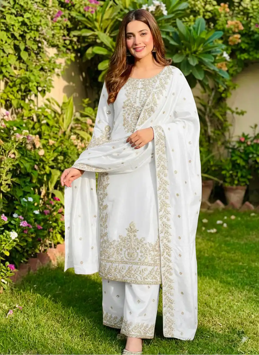 SRK 5316 White Organza Silk Salwar Suit Perfect for Wedding, Party, Makar Sankranti, Eid, Durga Puja – . Affordable Price ₹2149. Delivery 4-6 Workin | Jump Suits, Straight Suits, Casual Suits, Creative suits, Designer Suits, Palazzo Suits, Party Wear Suits, Patiala Suits, Salwar suit
