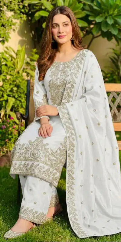 SRK 5316 White Organza Silk Salwar Suit Perfect for Wedding, Party, Makar Sankranti, Eid, Durga Puja – . Affordable Price ₹2149. Delivery 4-6 Workin | Jump Suits, Straight Suits, Casual Suits, Creative suits, Designer Suits, Palazzo Suits, Party Wear Suits, Patiala Suits, Salwar suit