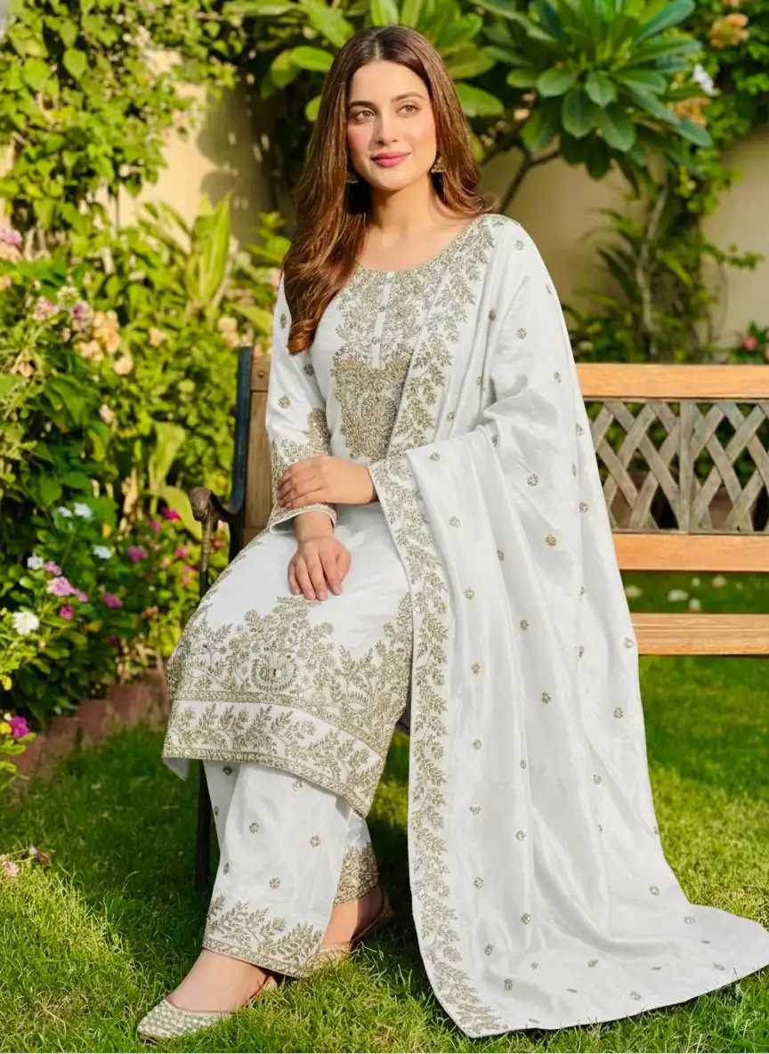 SRK 5316 White Organza Silk Salwar Suit Perfect for Wedding, Party, Makar Sankranti, Eid, Durga Puja – . Affordable Price ₹2149. Delivery 4-6 Workin | Jump Suits, Straight Suits, Casual Suits, Creative suits, Designer Suits, Palazzo Suits, Party Wear Suits, Patiala Suits, Salwar suit