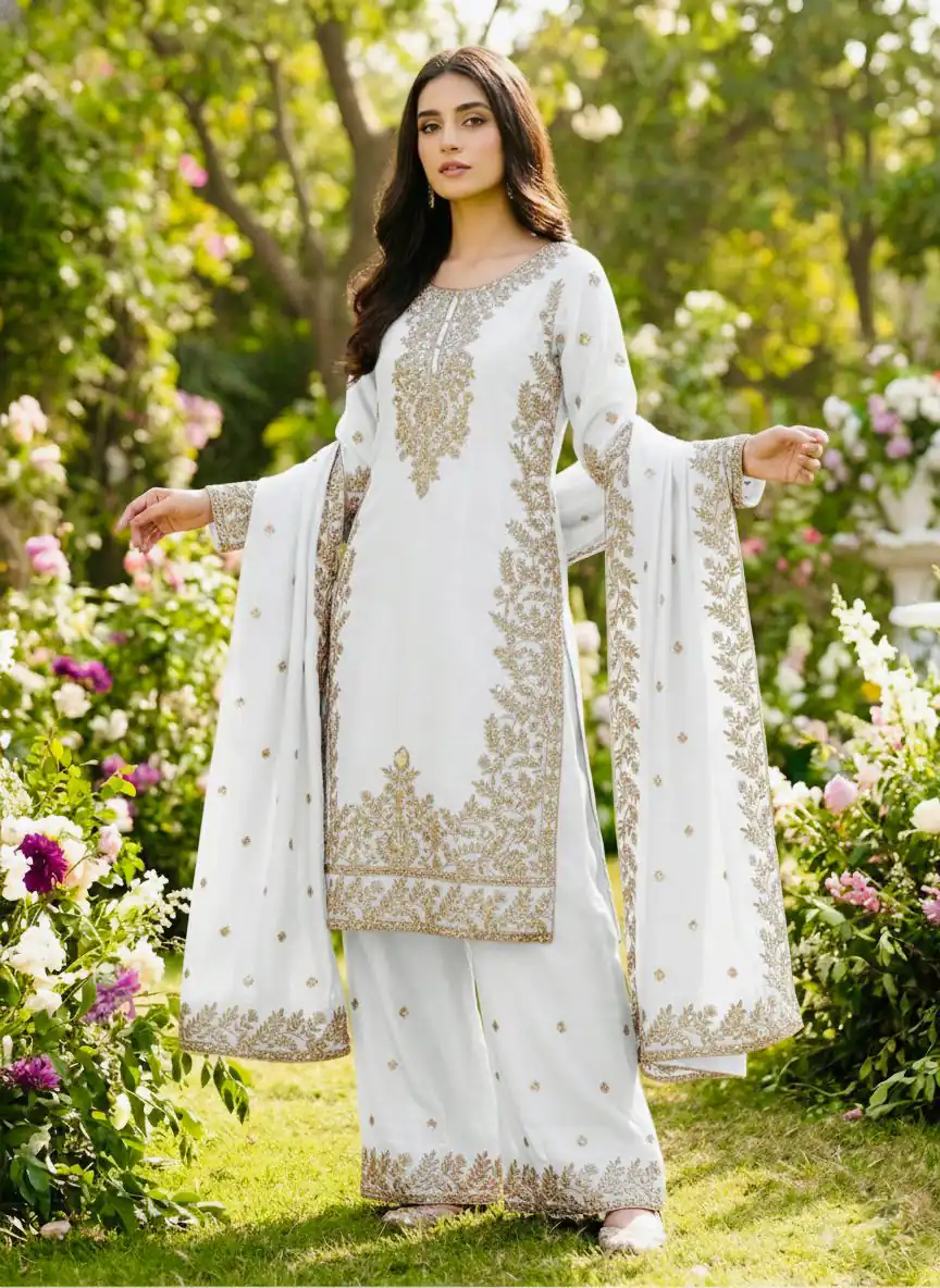 SRK 5316 White Organza Silk Salwar Suit Perfect for Wedding, Party, Makar Sankranti, Eid, Durga Puja – . Affordable Price ₹2149. Delivery 4-6 Workin | Jump Suits, Straight Suits, Casual Suits, Creative suits, Designer Suits, Palazzo Suits, Party Wear Suits, Patiala Suits, Salwar suit
