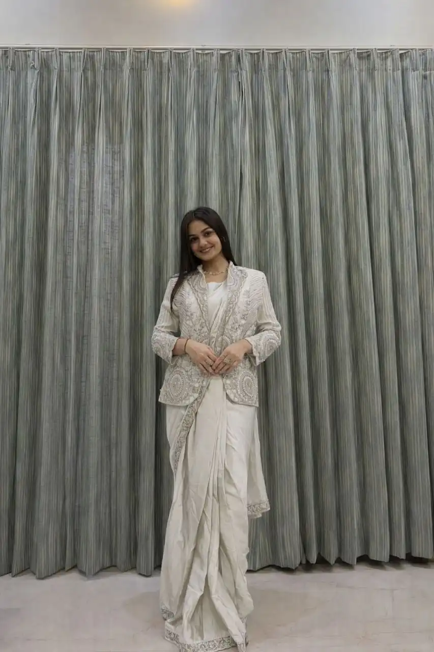 White Rangoli Silk Embroidery Work Saree