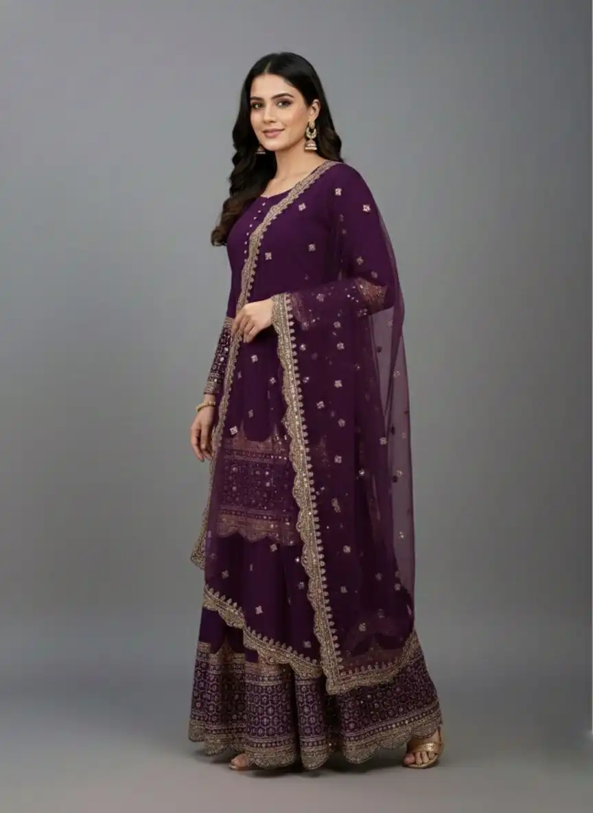 Wine Faux Georgette Embroider Salwar Suit - Image 2