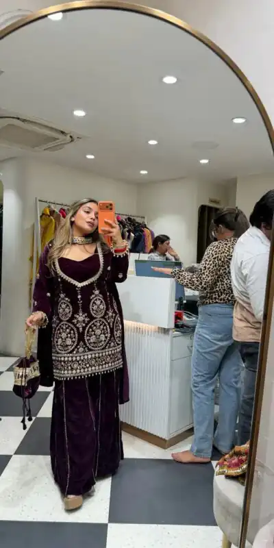 LG 2038 Wine Velvet Salwar Suit with Embroidery Work & Mirror Work. Grab it for ₹2099. Delivery 4-6 Working Days. Shop now. | Jump Suits, Straight Suits, Casual Suits, Creative suits, Designer Suits, Palazzo Suits, Party Wear Suits, Patiala Suits, Salwar suit