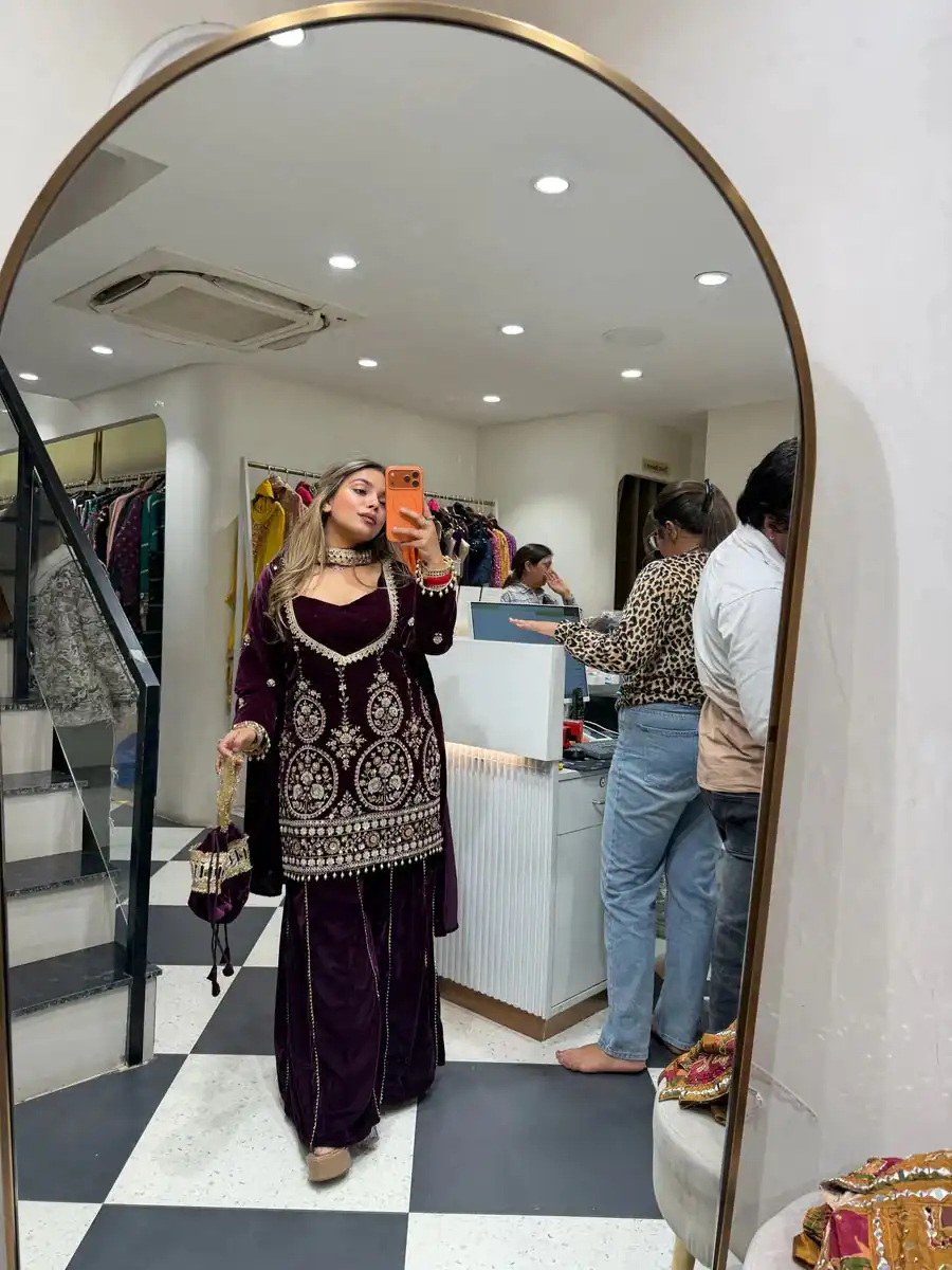 LG 2038 Wine Velvet Salwar Suit with Embroidery Work & Mirror Work. Grab it for ₹2099. Delivery 4-6 Working Days. Shop now. | Jump Suits, Straight Suits, Casual Suits, Creative suits, Designer Suits, Palazzo Suits, Party Wear Suits, Patiala Suits, Salwar suit