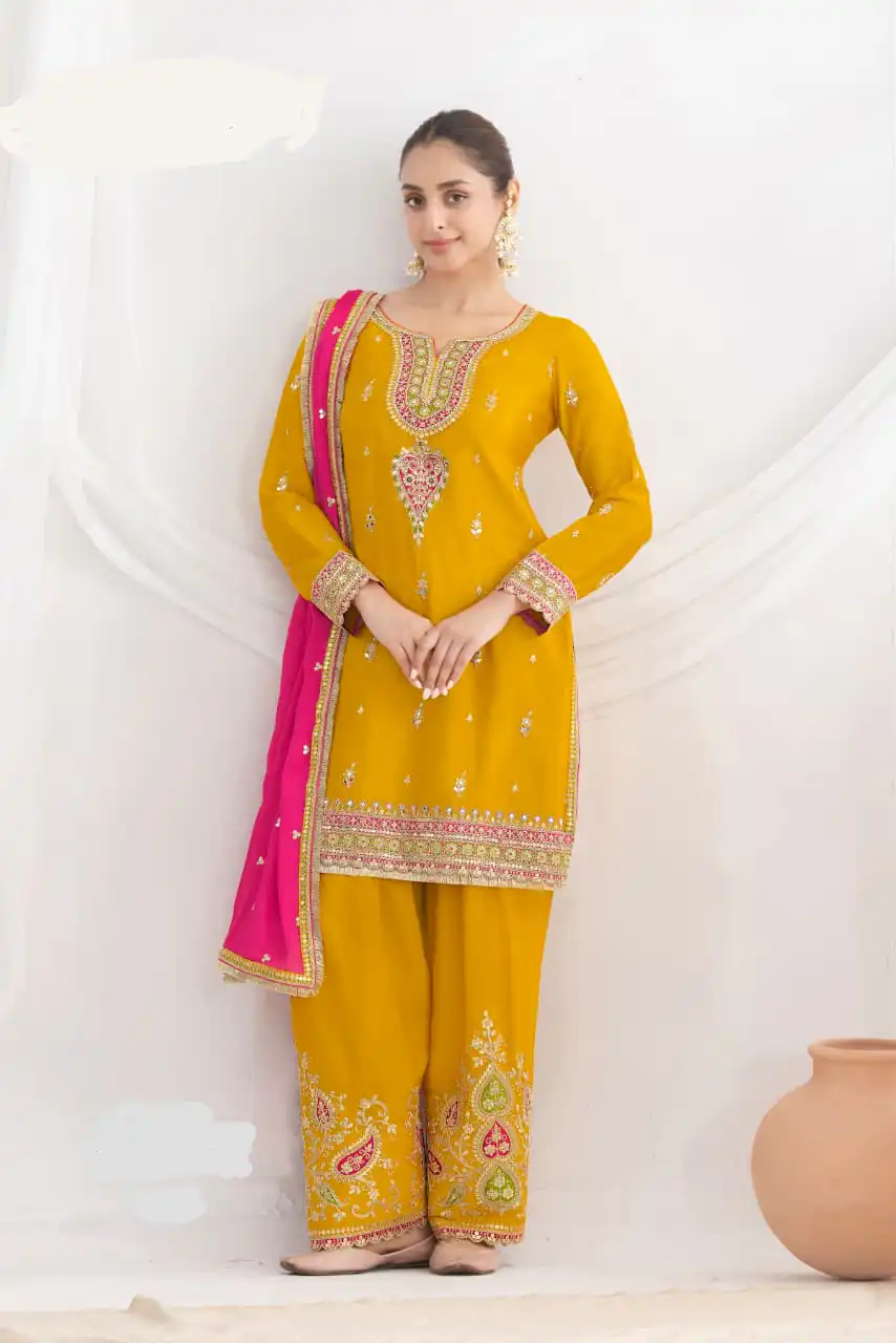 Yellow Chinon Embroidery Mirror Work Salwar Suit