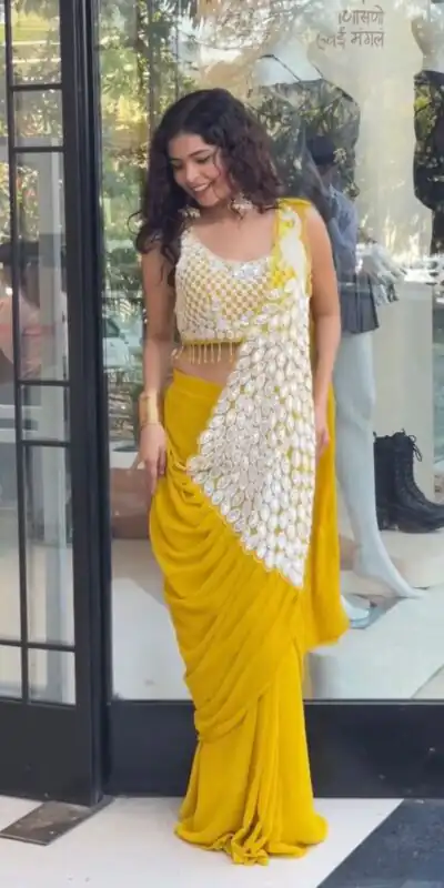 ST 1165 Yellow Faux Georgette Saree with Embroidery Work & Sequins Work. Now at just ₹1799. Delivery 4-6 Working Days. Shop now. | Bollywood Sarees, Creative Sarees, Designer Sarees, Embroidered Sarees, Ethnic Saree, Modern Digital sarees, Party Wear Sarees, Sarees