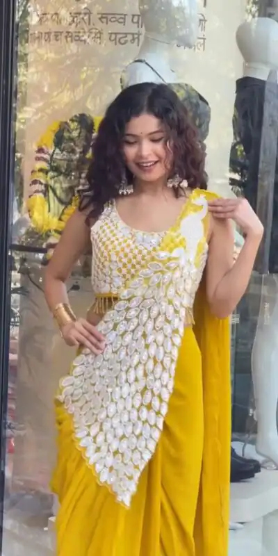 ST 1165 Yellow Faux Georgette Saree with Embroidery Work & Sequins Work. Now at just ₹1799. Delivery 4-6 Working Days. Shop now. | Bollywood Sarees, Creative Sarees, Designer Sarees, Embroidered Sarees, Ethnic Saree, Modern Digital sarees, Party Wear Sarees, Sarees