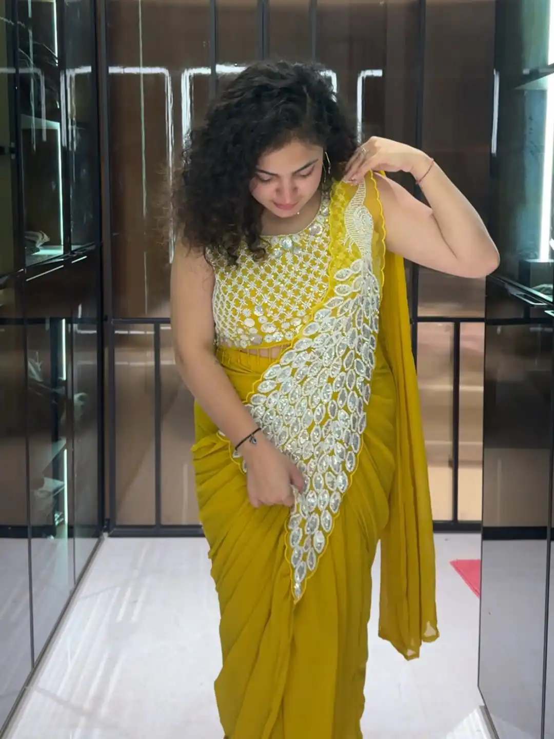 ST 1165 Yellow Faux Georgette Saree with Embroidery Work & Sequins Work. Now at just ₹1799. Delivery 4-6 Working Days. Shop now. | Bollywood Sarees, Creative Sarees, Designer Sarees, Embroidered Sarees, Ethnic Saree, Modern Digital sarees, Party Wear Sarees, Sarees