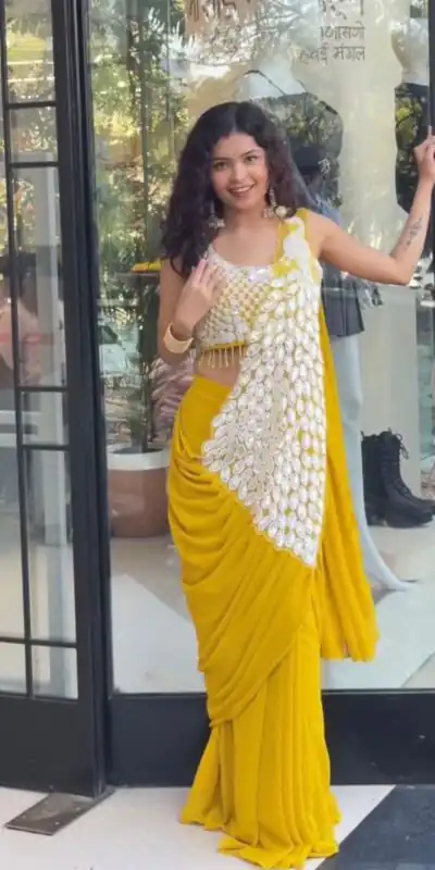 ST 1165 Yellow Faux Georgette Saree with Embroidery Work & Sequins Work. Now at just ₹1799. Delivery 4-6 Working Days. Shop now. | Bollywood Sarees, Creative Sarees, Designer Sarees, Embroidered Sarees, Ethnic Saree, Modern Digital sarees, Party Wear Sarees, Sarees