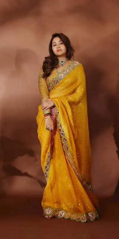 ES Aditi Yellow Faux Georgette Saree Perfect for Wedding, Party, Bridal Wear, Baisakhi, Raksha Bandhan –. Introductory Price ₹2449. Delivery 4-6 Workin | Bollywood Sarees, Creative Sarees, Designer Sarees, Embroidered Sarees, Ethnic Saree, Modern Digital sarees, Party Wear Sarees, Sarees