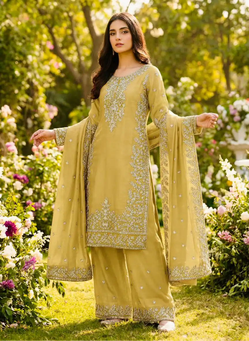 SRK 5316 Yellow Organza Silk Salwar Suit Perfect for Wedding, Party, Makar Sankranti, Eid, Durga Puja – . Affordable Price ₹2149. Delivery 4-6 Workin | Jump Suits, Straight Suits, Casual Suits, Creative suits, Designer Suits, Palazzo Suits, Party Wear Suits, Patiala Suits, Salwar suit