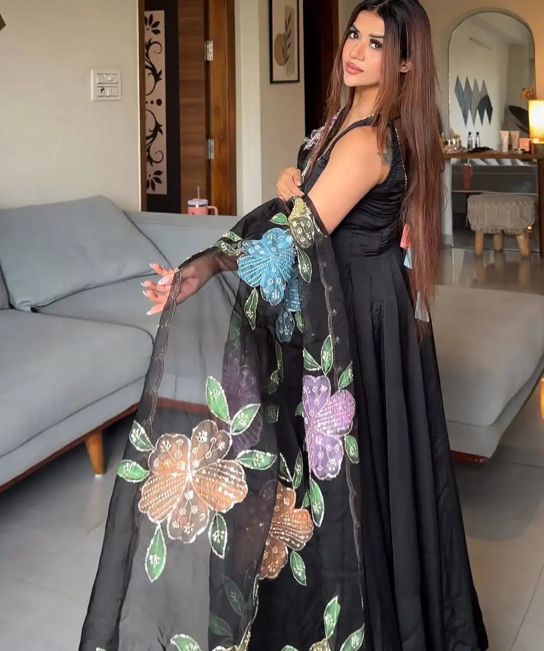 Aglow Black Natural Crep Lace Work Anarkali Suit - Image 4