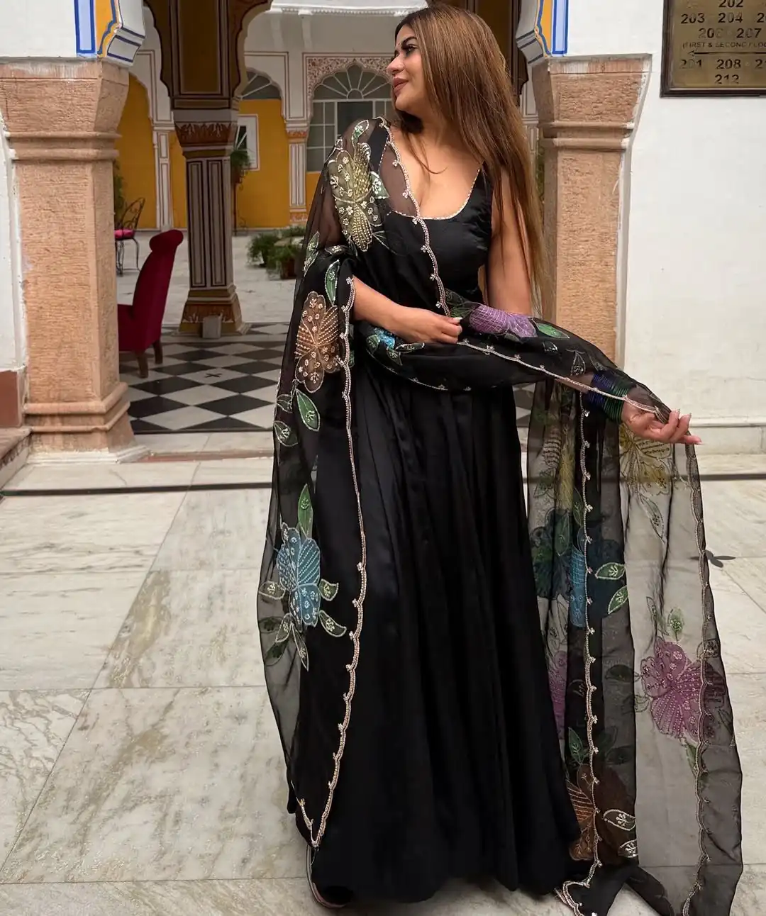 Aglow Black Natural Crep Lace Work Anarkali Suit - Image 2