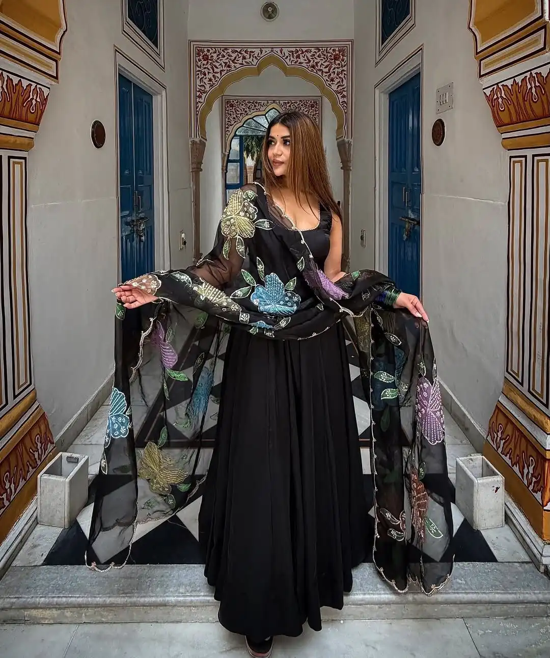Aglow Black Natural Crep Lace Work Anarkali Suit
