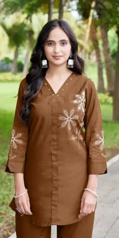 Alternative view of Aglow Brown Rayon Embroidery Work Kurti