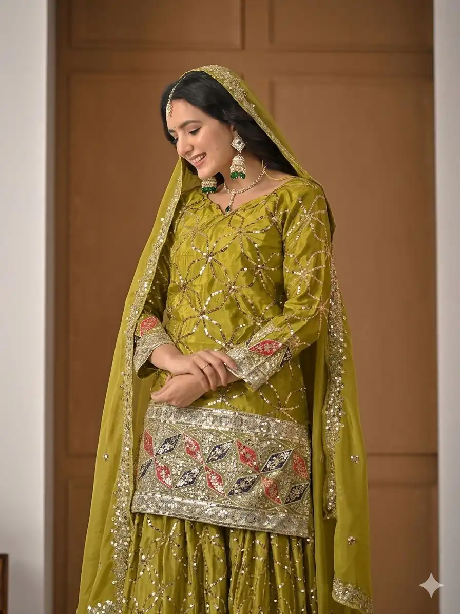 Aglow Mustered Chinon Silk Embroidery Work Salwar Suit - Image 5