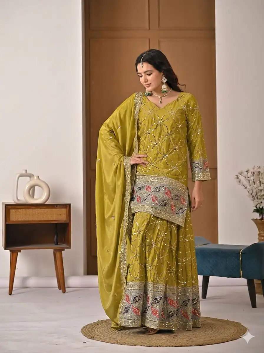 Aglow Mustered Chinon Silk Embroidery Work Salwar Suit - Image 4