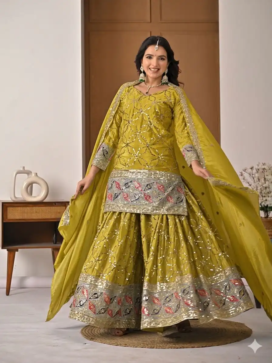Aglow Mustered Chinon Silk Embroidery Work Salwar Suit - Image 3