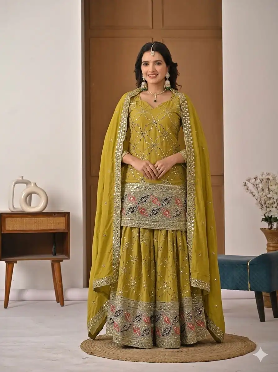 Aglow Mustered Chinon Silk Embroidery Work Salwar Suit