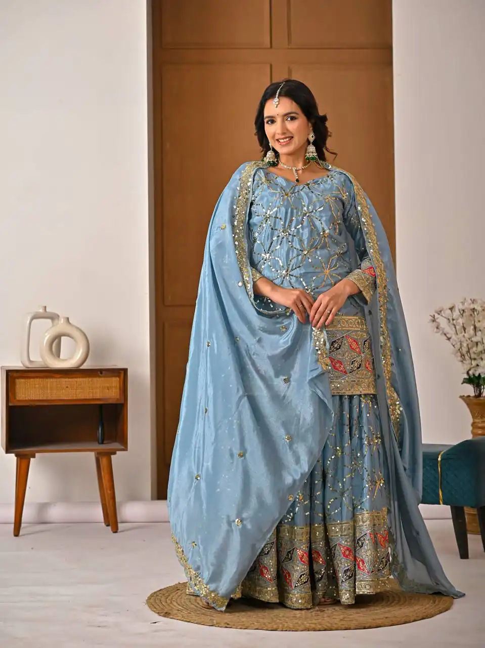 Aglow Sky Blue Chinon Silk Embroidery Work Salwar Suit - Image 3