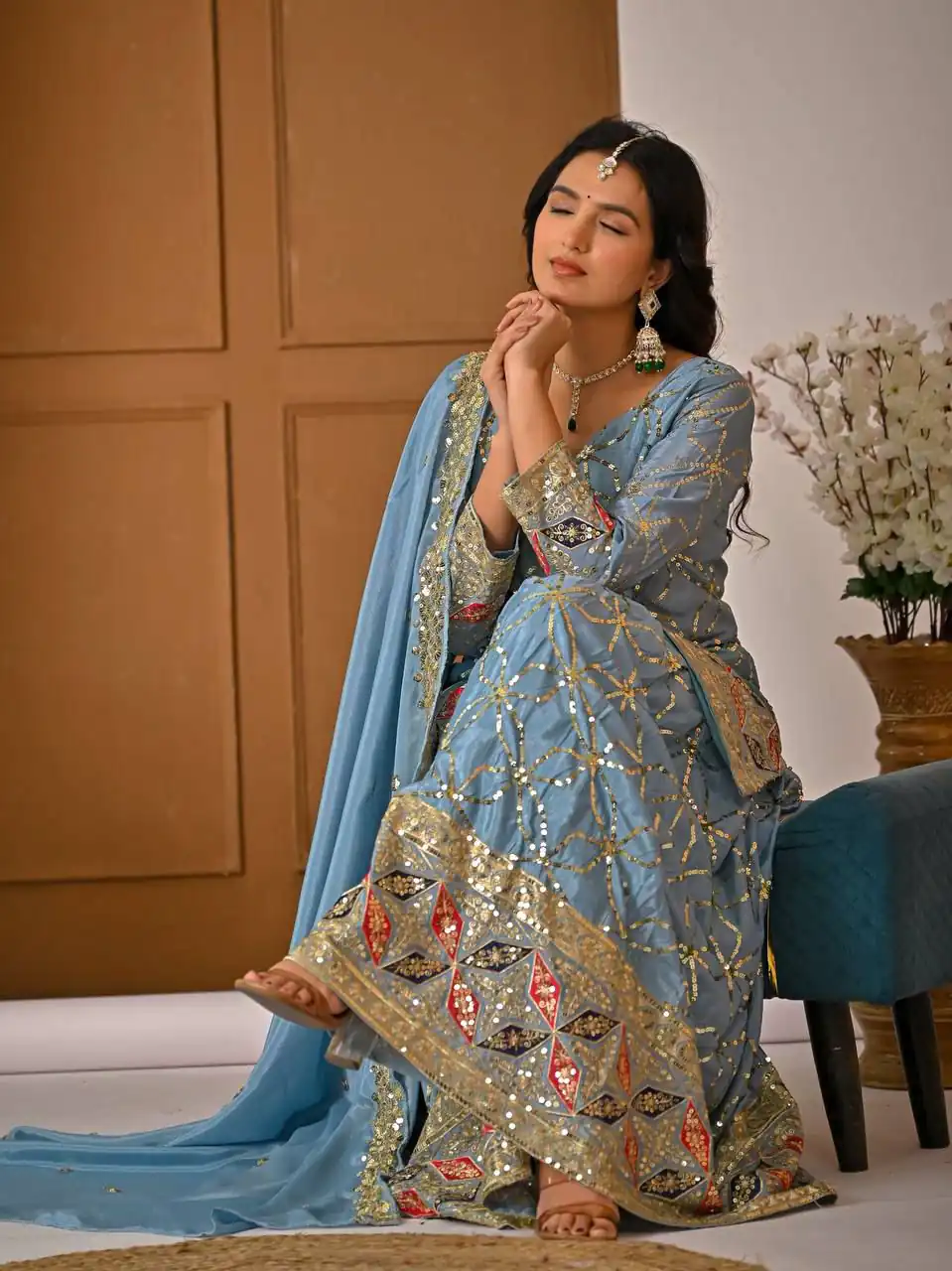 Aglow Sky Blue Chinon Silk Embroidery Work Salwar Suit - Image 8