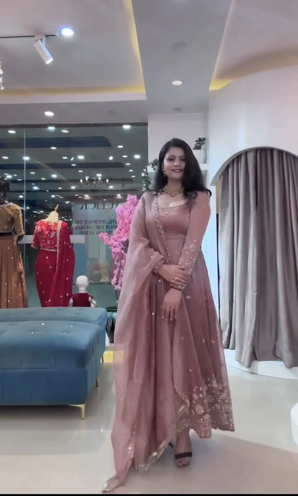 Elegant Onion Crunchy Silk Embroidery Cut Work Gown