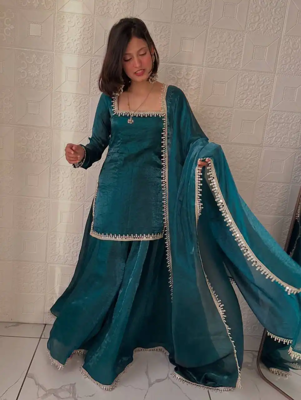 Elegant Teal Fandy Silk Embroidery Work Salwar Suit - Image 4