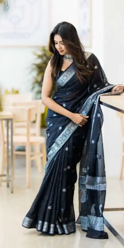 Fancy Black Soft Lilan Slab Jacquard Work Saree