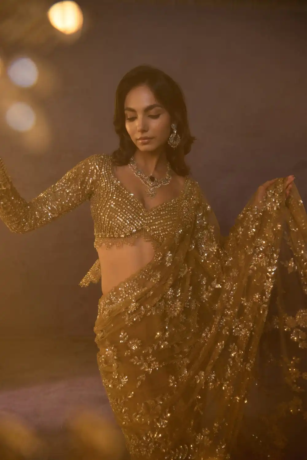 Fancy Golden Butterfly Net Sequence Work Saree - Image 3