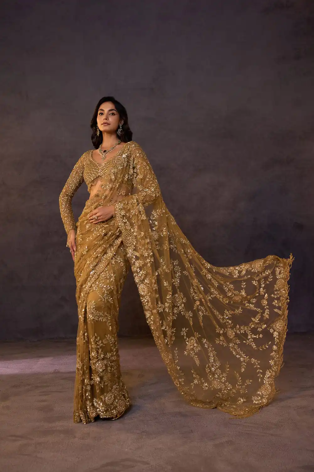 Fancy Golden Butterfly Net Sequence Work Saree - Image 2