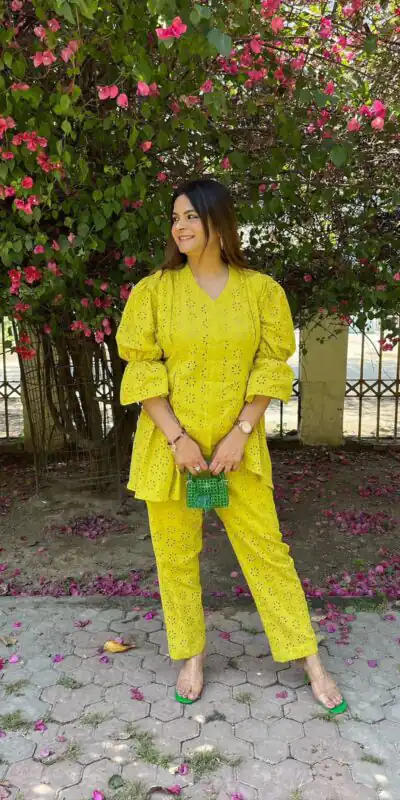 Fancy Lime Yellow Cotton Embroidery Work Salwar Suit