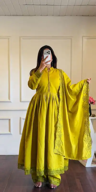 Fancy Lime Yellow Roman Silk Embroidery Cut Work Gown