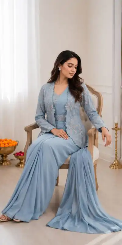 Fancy Powder Blue Crap Silk Embroidery Work Saree