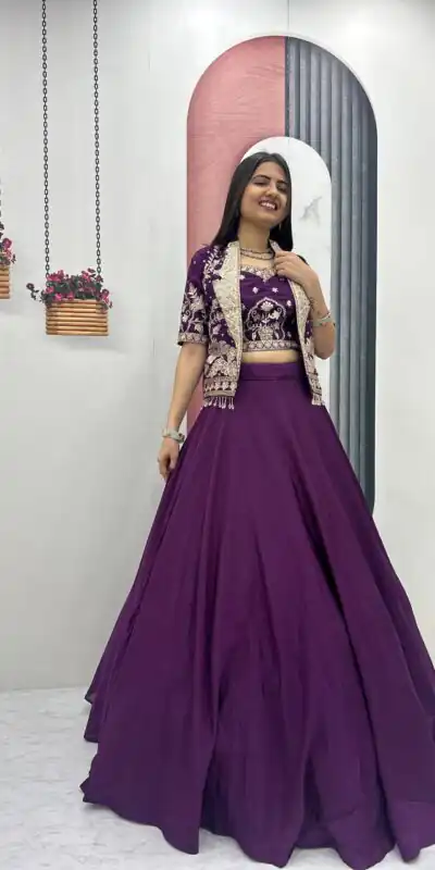 Fancy Purple Chinon Embroidery Work Lehenga Choli