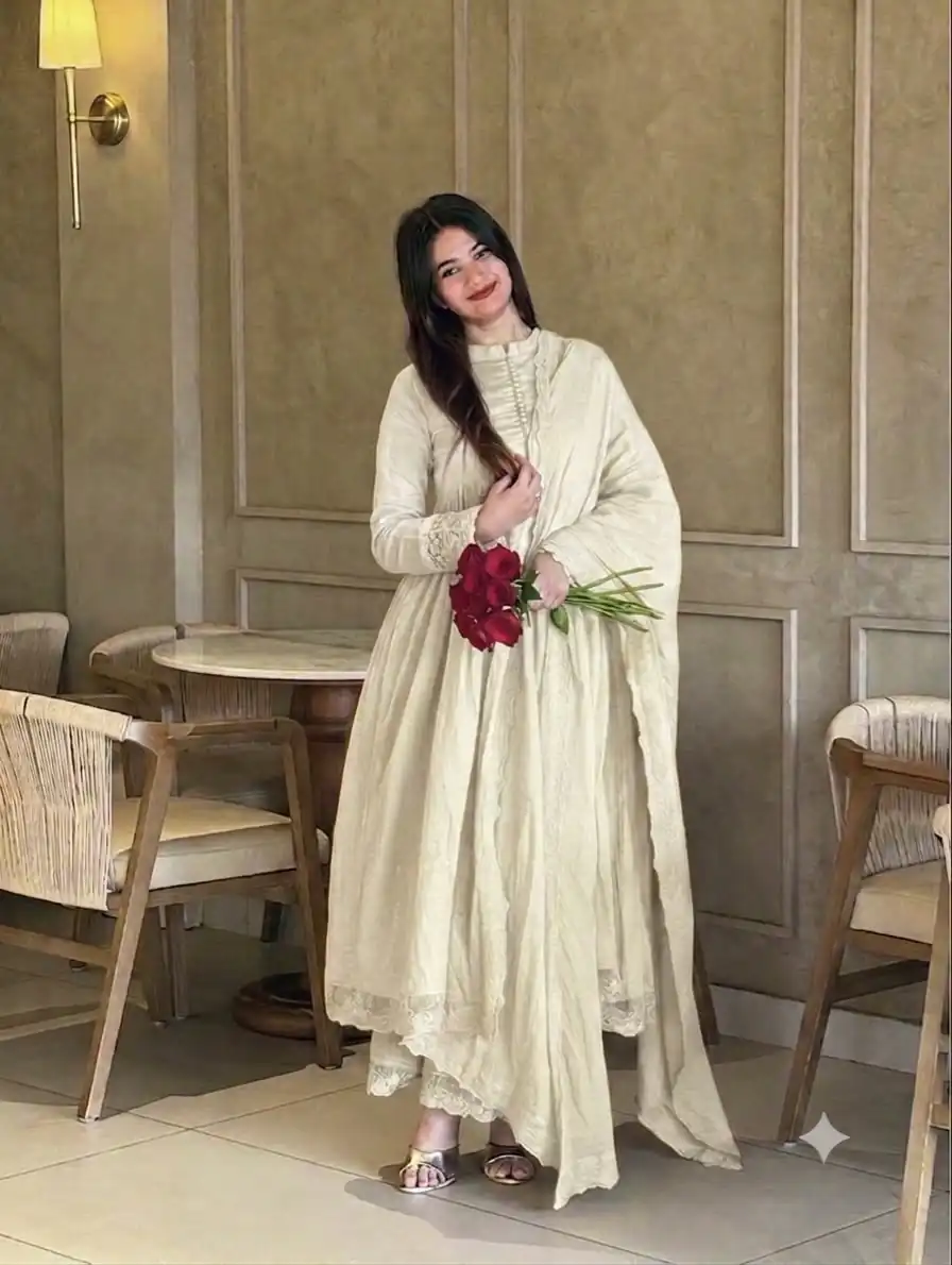 Fancy White Roman Silk Embroidery Cut Work Gown - Image 3
