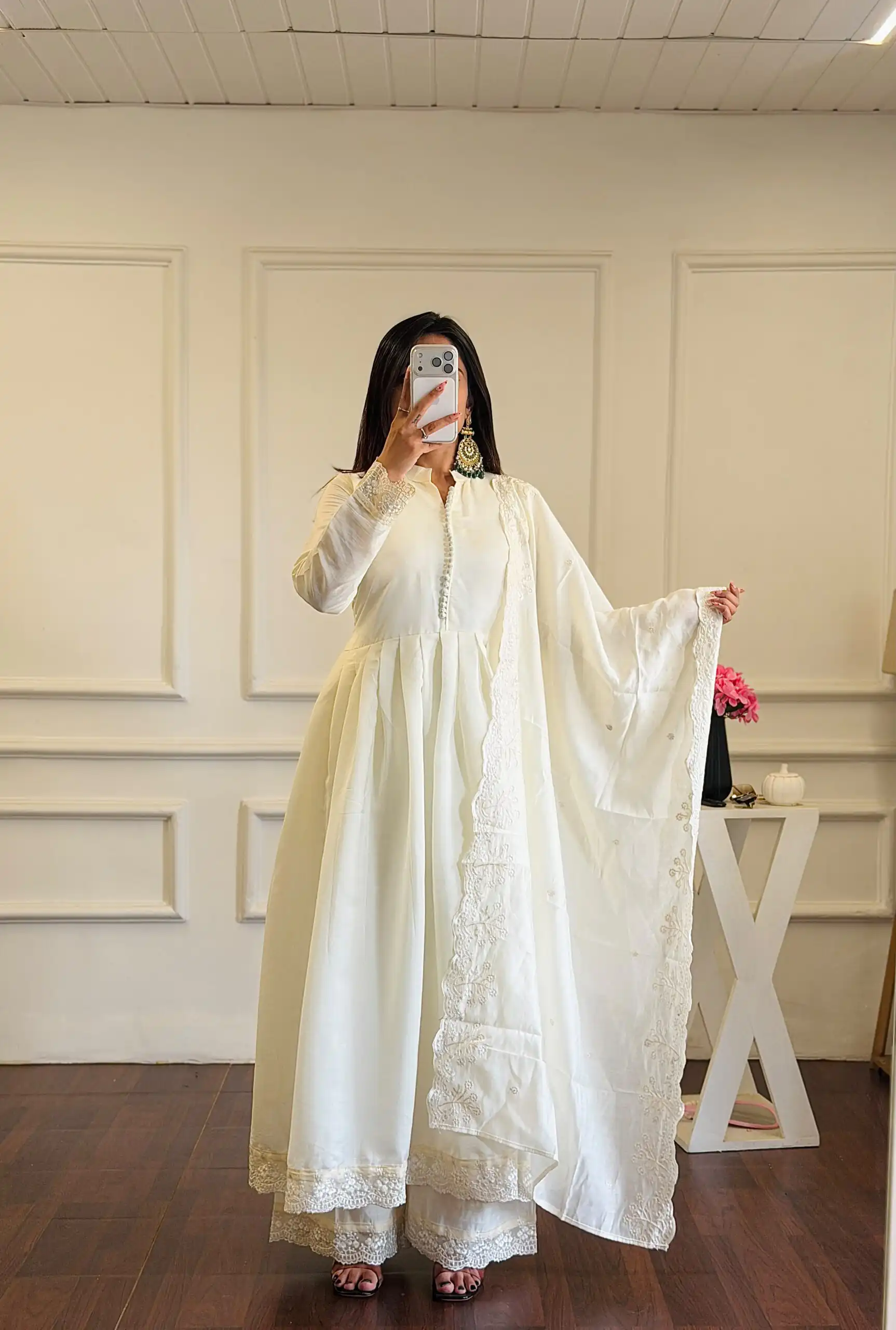 Fancy White Roman Silk Embroidery Cut Work Gown