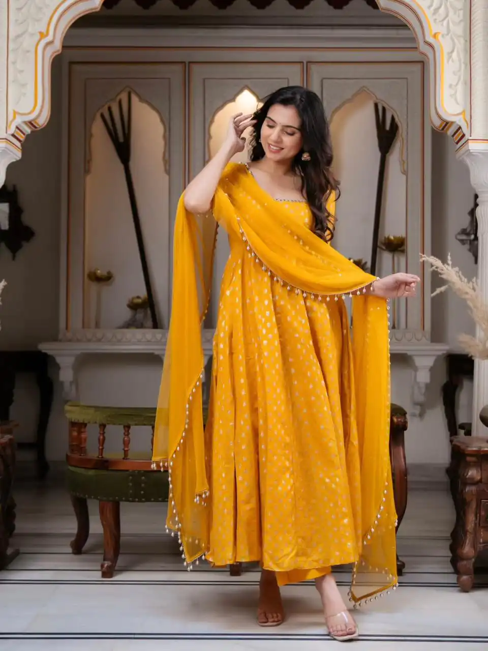 Fancy Yellow Chanderi Jacquard Butti Mirror Work Anarkali Suit - Image 2