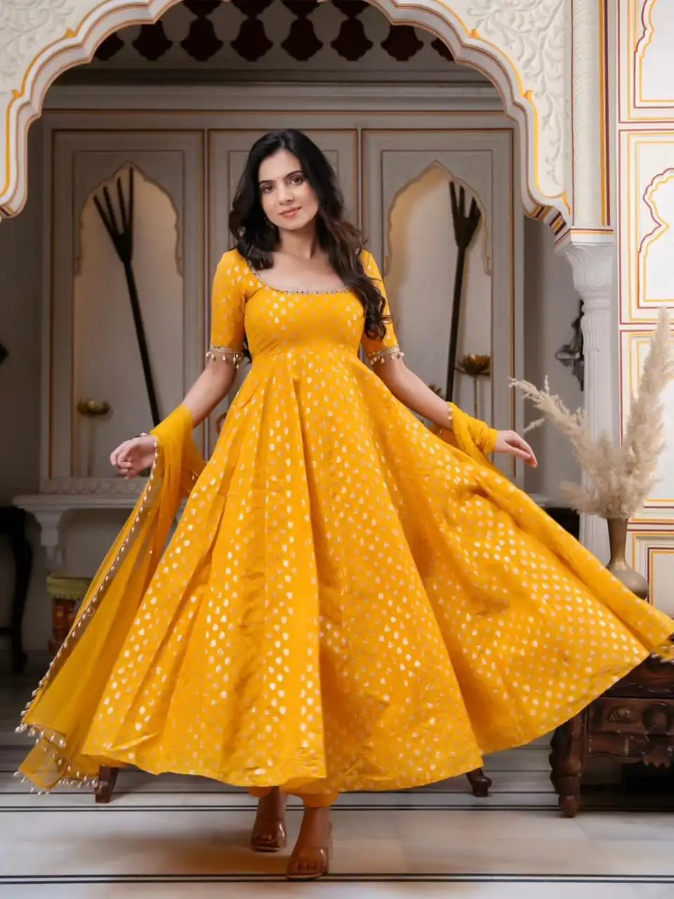 Fancy Yellow Chanderi Jacquard Butti Mirror Work Anarkali Suit